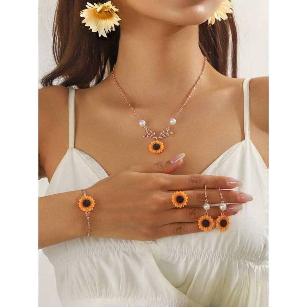 Sunflower Inspired Jewelry Set, Creative Floral Necklace, Earrings, Ring An Y2K